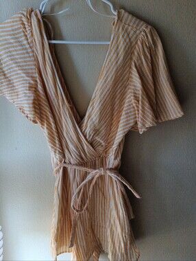 Francesca's Striped Cream and Yellow Wrap Romper